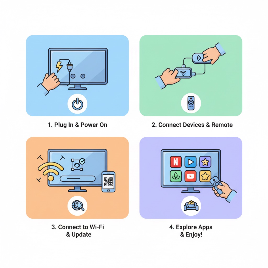 A four-step graphic illustrates setting up a smart TV, from plugging it in to exploring apps.