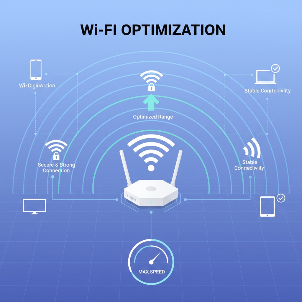 Infographic displaying a wireless router that emits concentric blue waves to illustrate Wi-Fi optimization, secure connections, and max speed for connected devices.
