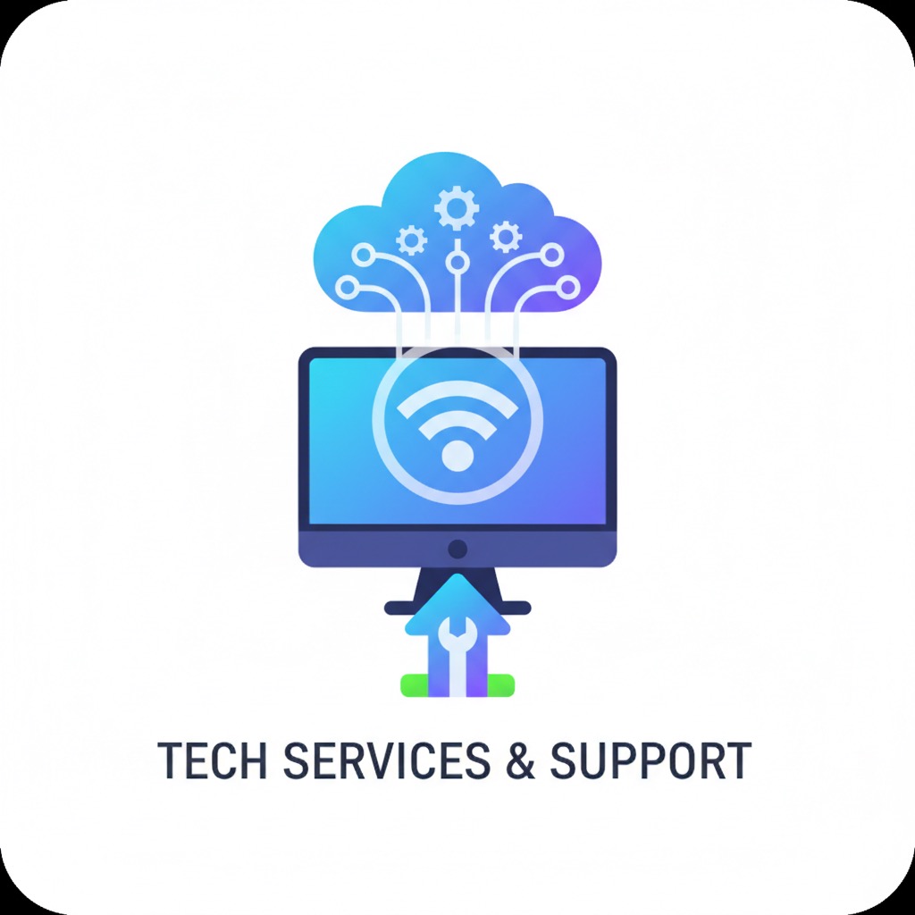 A computer monitor displaying a Wi-Fi symbol is connected to a cloud icon above and an upward-pointing arrow with a wrench inside below.